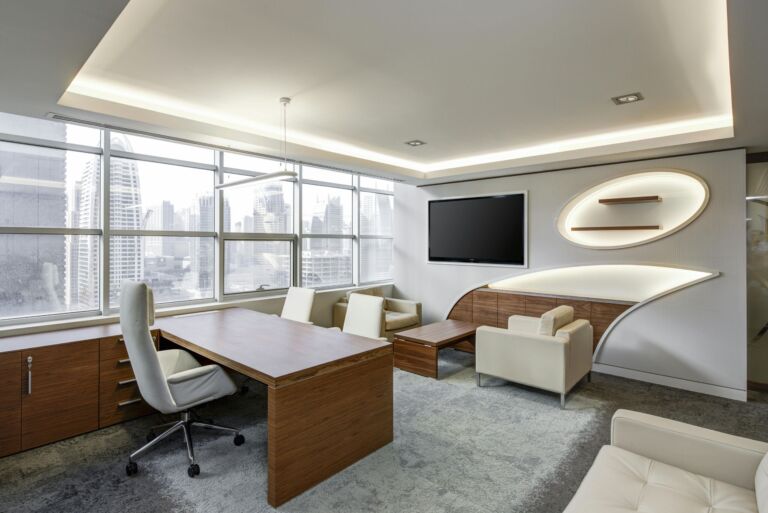 A modern executive office with a city view